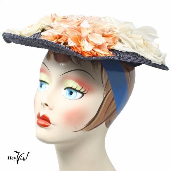 Vintage 40s 50s Navy Blue Flowered Platter Hat 12" Wide w Wired Brim - Hey Viv - Picture 2 of 7